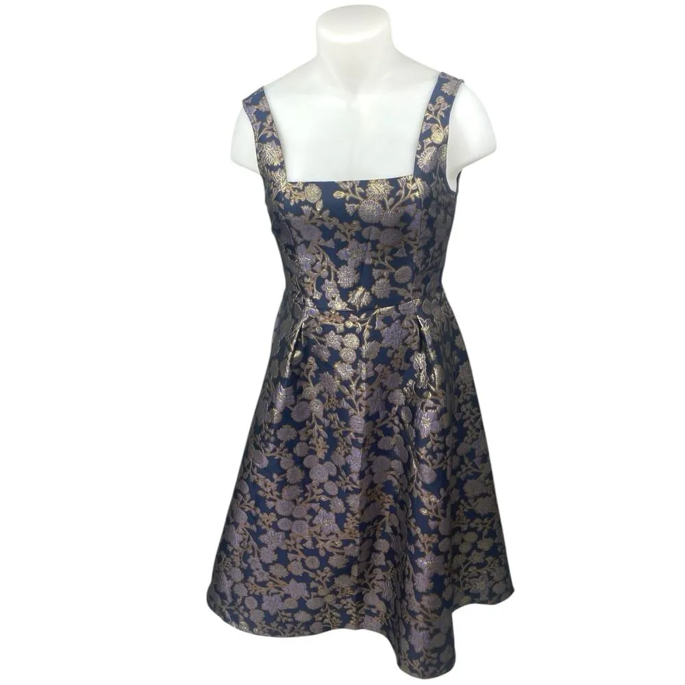Francesca's Blue Gold Floral Metallic Sleeveless Midi Fit & Flare A-line Dress L - Image 2
