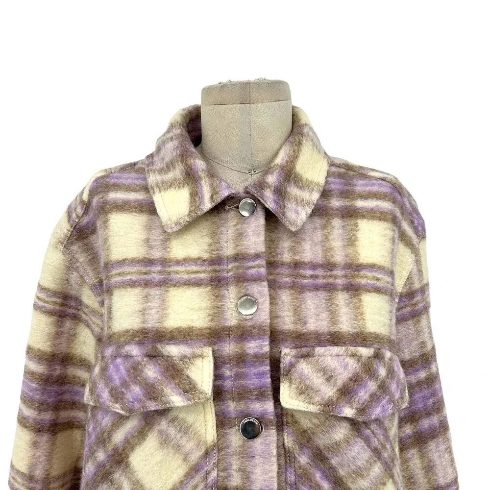 Zara Cropped Plaid Jacket Shacket‎ Purple Cream Size Large - Image 4