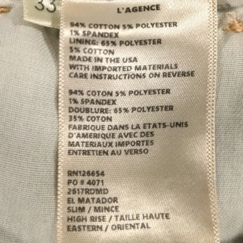 L'Agence El Matador High Rise Slim GUC $255  Size 33    J1383 - Image 7