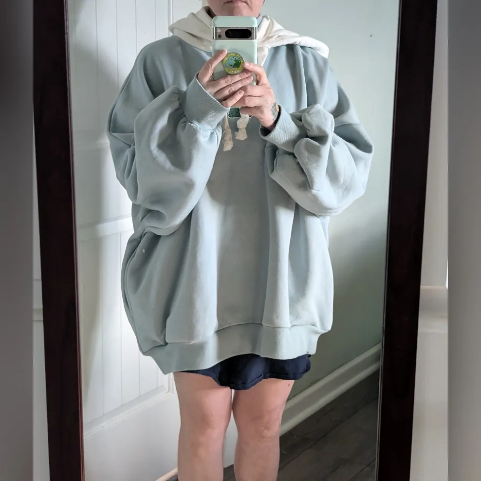 Fuwaffy Artist Frog Embroidered Oversized Fleece Hoodie Large Blue - Image 7