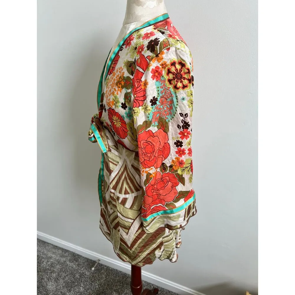 CAbi 100% Floral Print Open With Tie Front Kimono Top Medium - Image 5