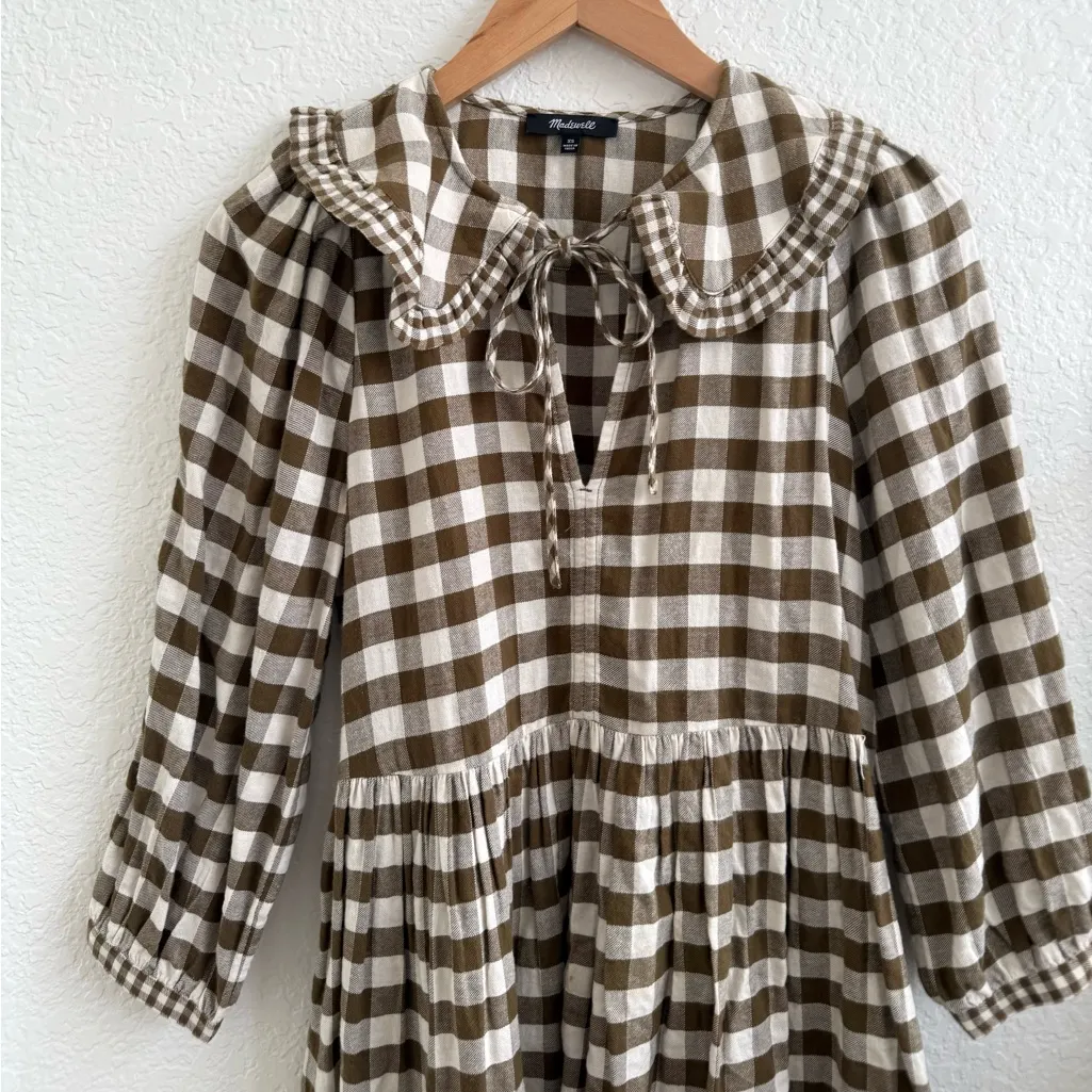 Madewell Gingham Collared Puff-Sleeve Mini Dress Cottage Core Greenish Brown XS - Image 6