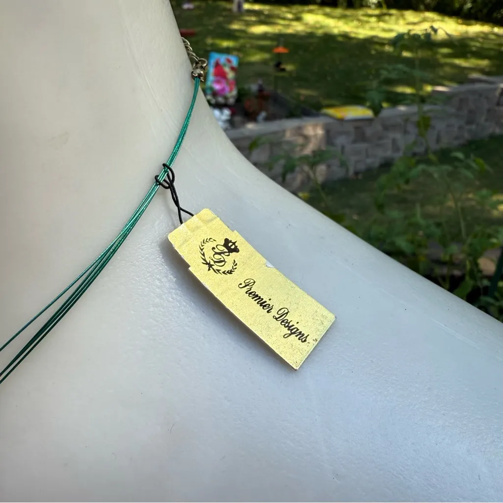 Premier Designs Necklace Green Pottery Beads Blue Thread - Image 3