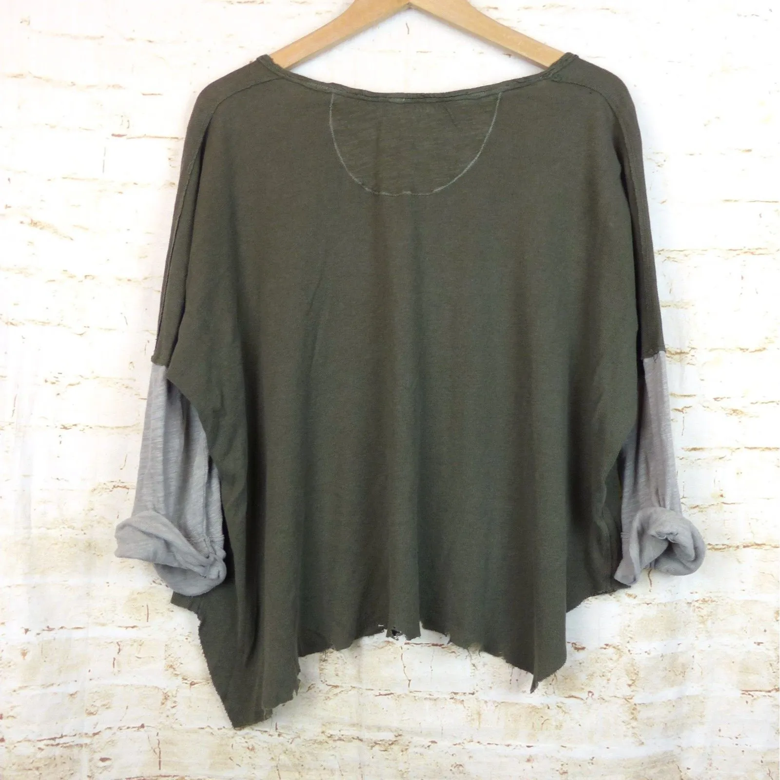 Free People Henley Top Women XS Green Oversized Crop Distress Linen Blend Grunge - Image 6