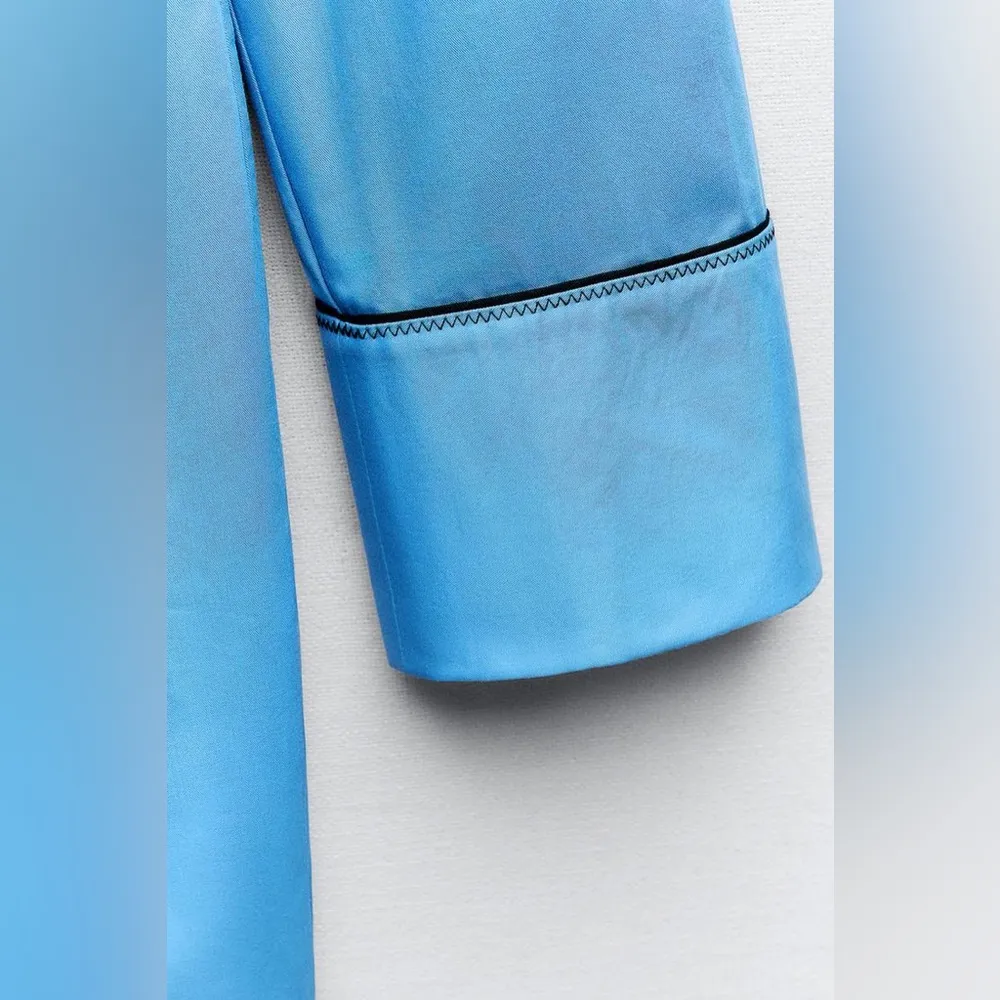 Zara SHORT TRENCH MINI DRESS V-Neck Long Sleeve Button Down Blue Size XS NEW - Image 12