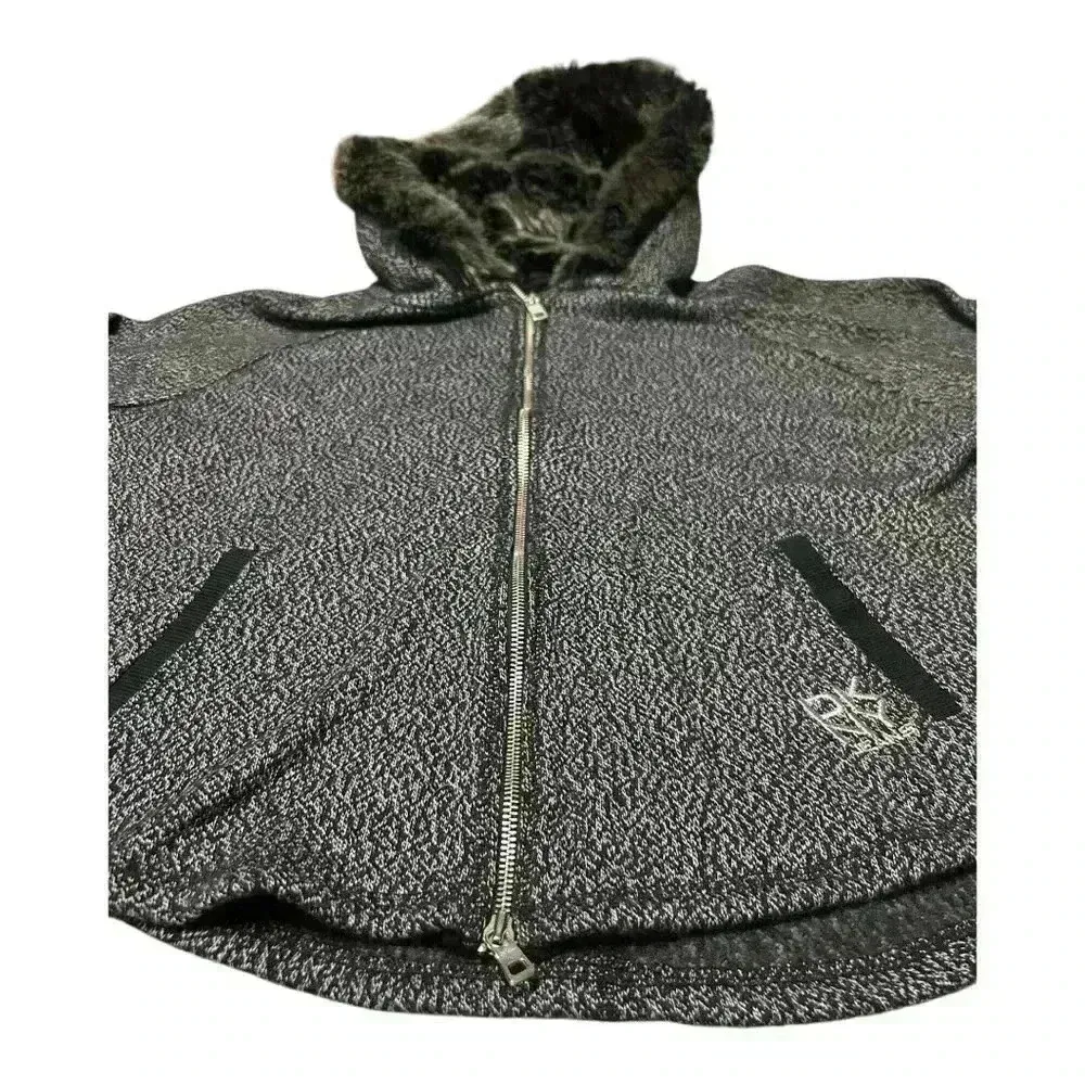DKNY Womens Hooded Jacket Gray Black Space Dye Zip Up Faux Fur Lined Pockets S - Image 6