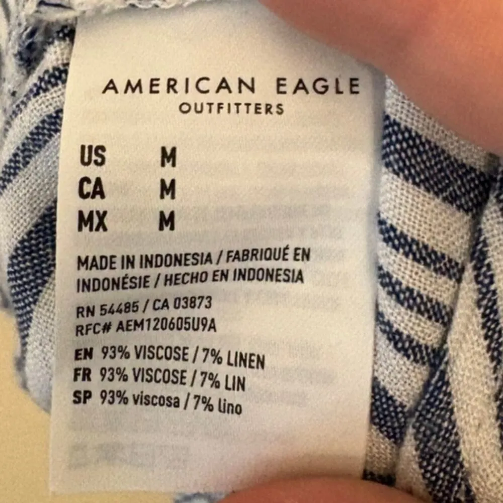 American Eagle Button Up Short Sleeve Shirt Linen Blend Stripe Navy White Medium - Image 4