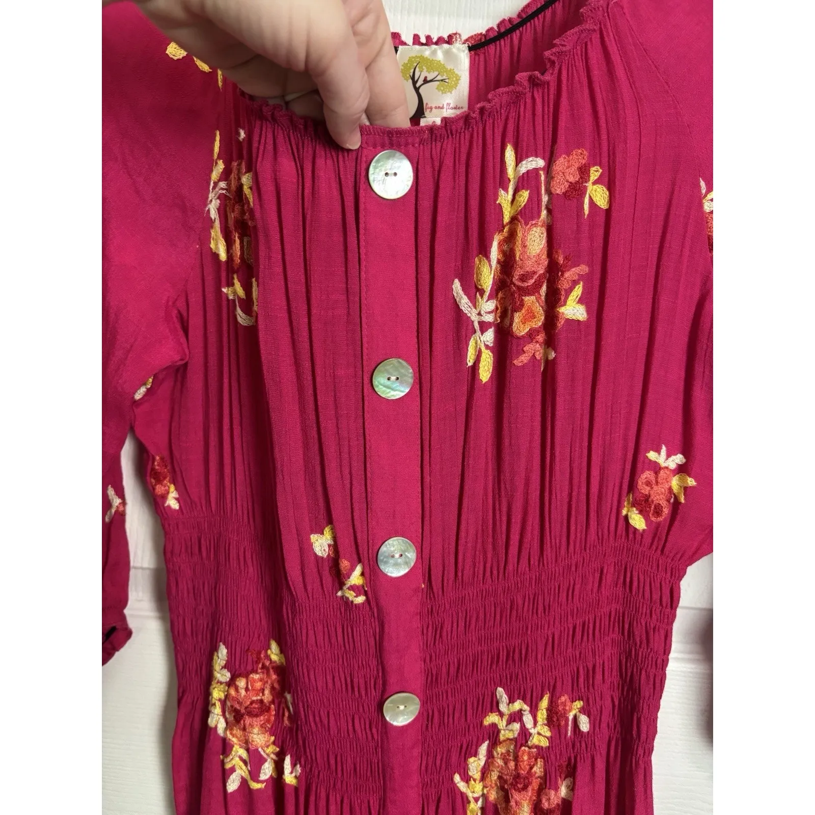 Anthropologie Fig & Flower Pink Floral Embroidered Tiered Maxi Dress Size Large - Image 9
