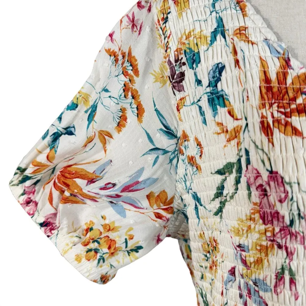 Torrid SZ 2 (2X-Large) Swiss Dot Midi Shirred Carrie Dress Floral V-Neck Lined - Image 2