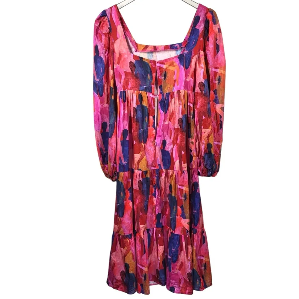 Never Fully Dressed Art To Wear Tiered Square Neckline Midi Dress in Multi Pink Size 2 - Image 13