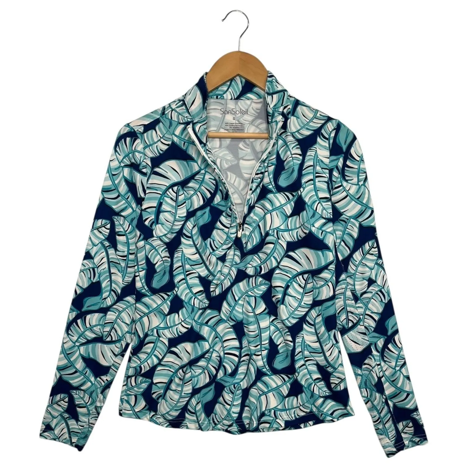 SanSoleil Top Womens Small Green Leaf Print Quarter Zip UPF 50 Pullover Golf Blue - Image 6