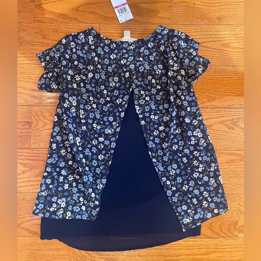 Michael Kors Chambray Blue Floral Split Back Short Sleeve Blouse XXS NWT - Image 4