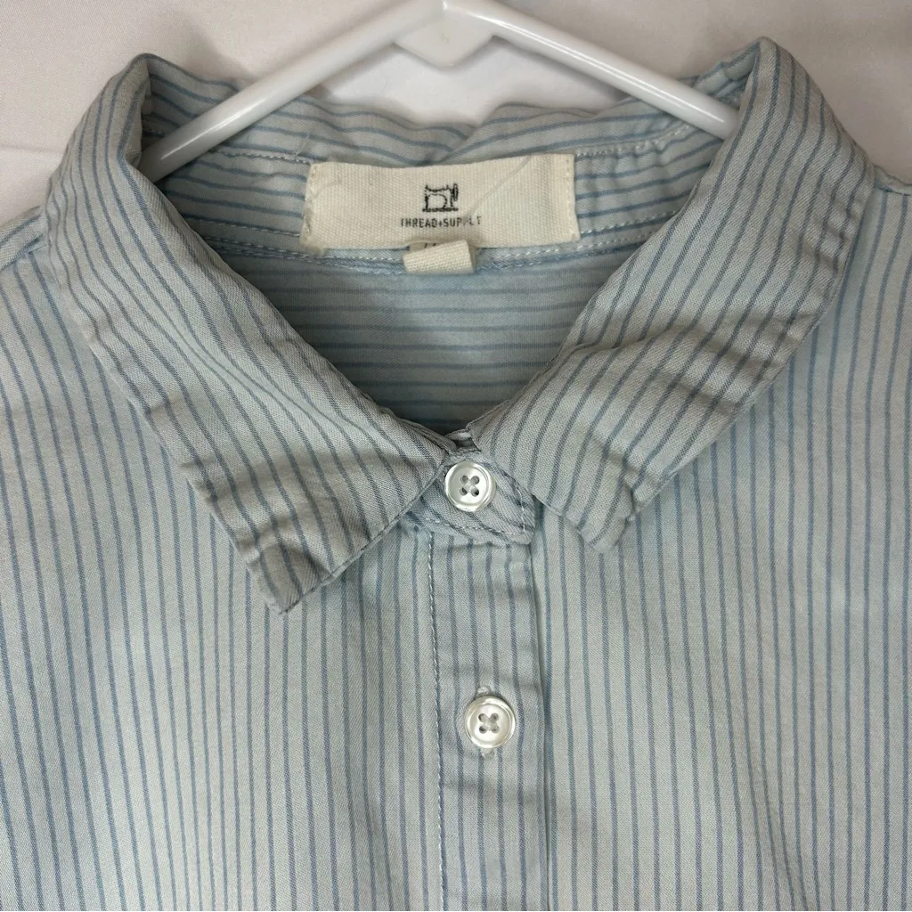 Thread + Supply long shirt short Sleeve button Down striped‎ Large Pocket Tencel Blue - Image 4