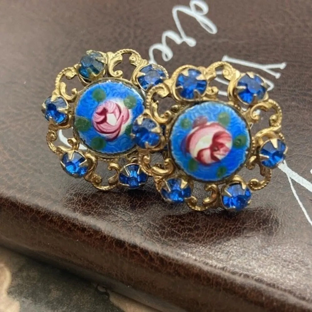 Vintage Guilloche Rose Blue Rhinestone Screwback Earrings 1950s 1960s - Image 5