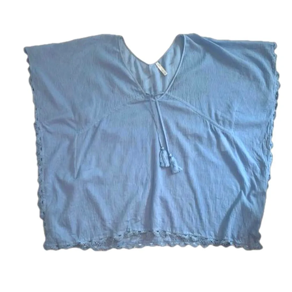 Seafolly Australia Sky Blue Crepe Swim Coverup Tassel Tie Embroidery Hem Size M - Image 3