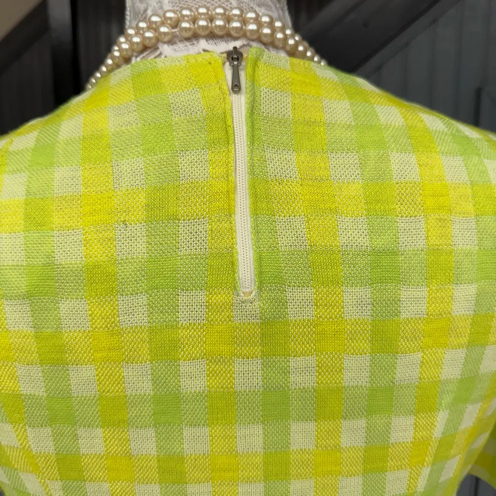Vintage 60s Mod Sheath Dress Neon Yellow Gingham Check Short Sleeve, M/L Fit Size undefined - Image 5