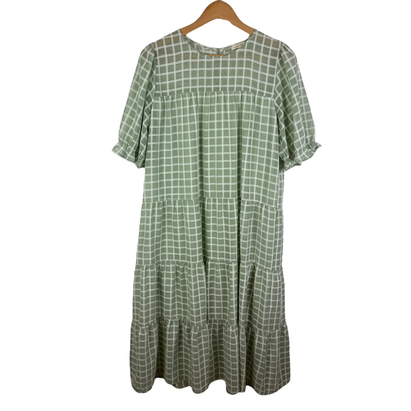 Jodifl Green Windowpane Midi Dress Medium Tiered Plaid Casual Flowy Cottagecore - Image 3