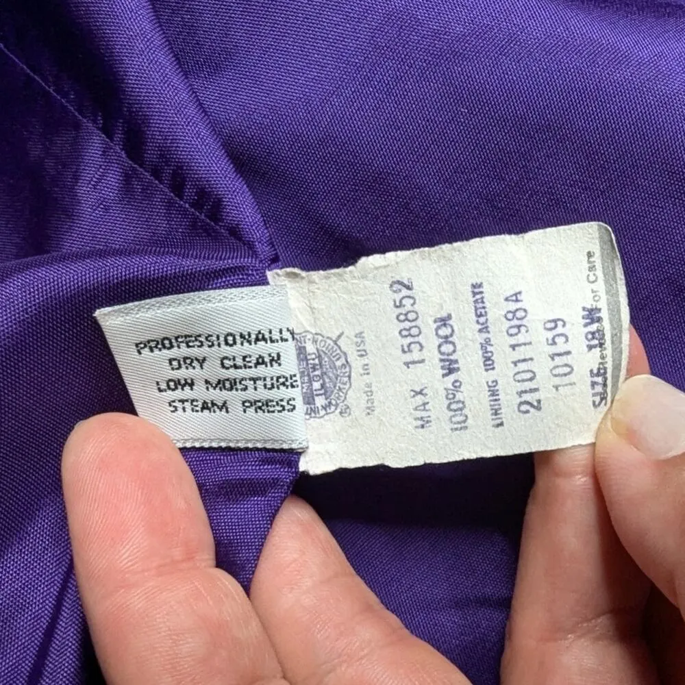 Vtg 1980s Koret Royal Purple 100% Wool Open Front Collarless Blazer Jacket 18W - Image 5