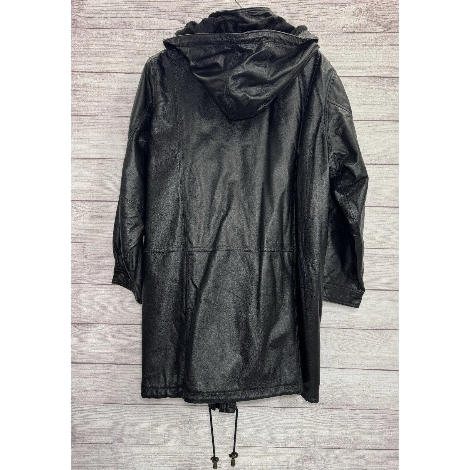 Veranesi Women's Genuine Leather Coat 28W Plus Black Faux Fur Lined Hood Parka - Image 6