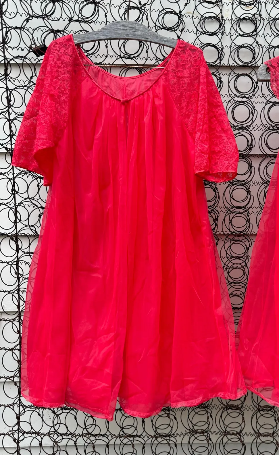 VTG 60s Vanity Fair 2 Layer Red Chiffon Peignoir Robe Nightgown Satin Lace Set S - Image 1