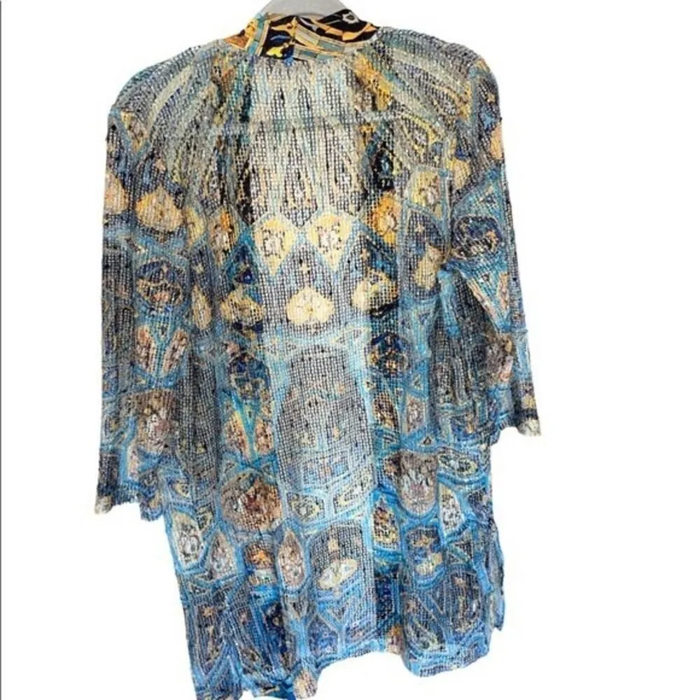Van‎ Gogh Inspired Cardigan Kimono Mesh Blue and Gold Womens Small - Image 2