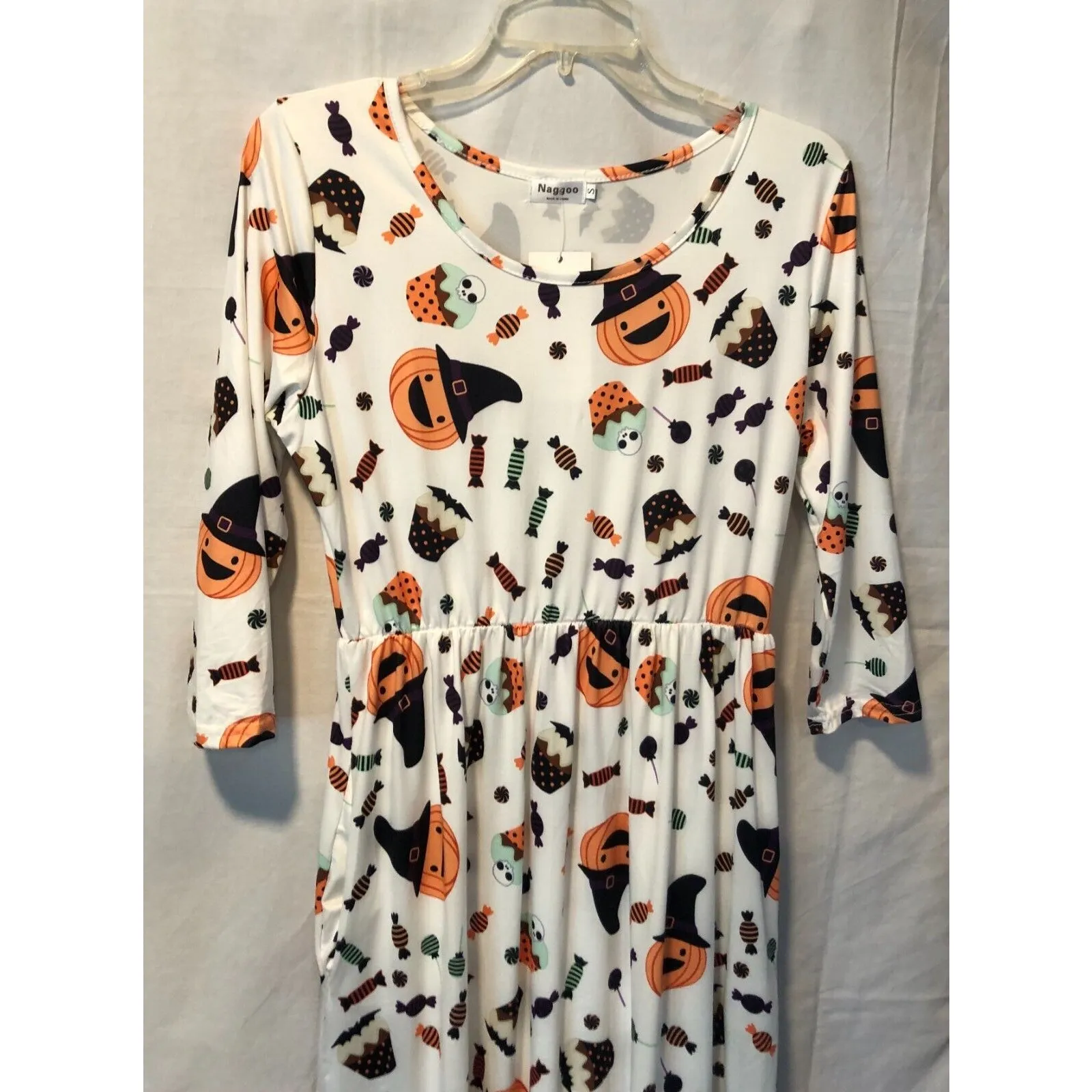 Naggoo Halloween Dress Pumpkins Ghosts Candy Bats Stretch NWT New Sz S Fit Flare White - Image 2