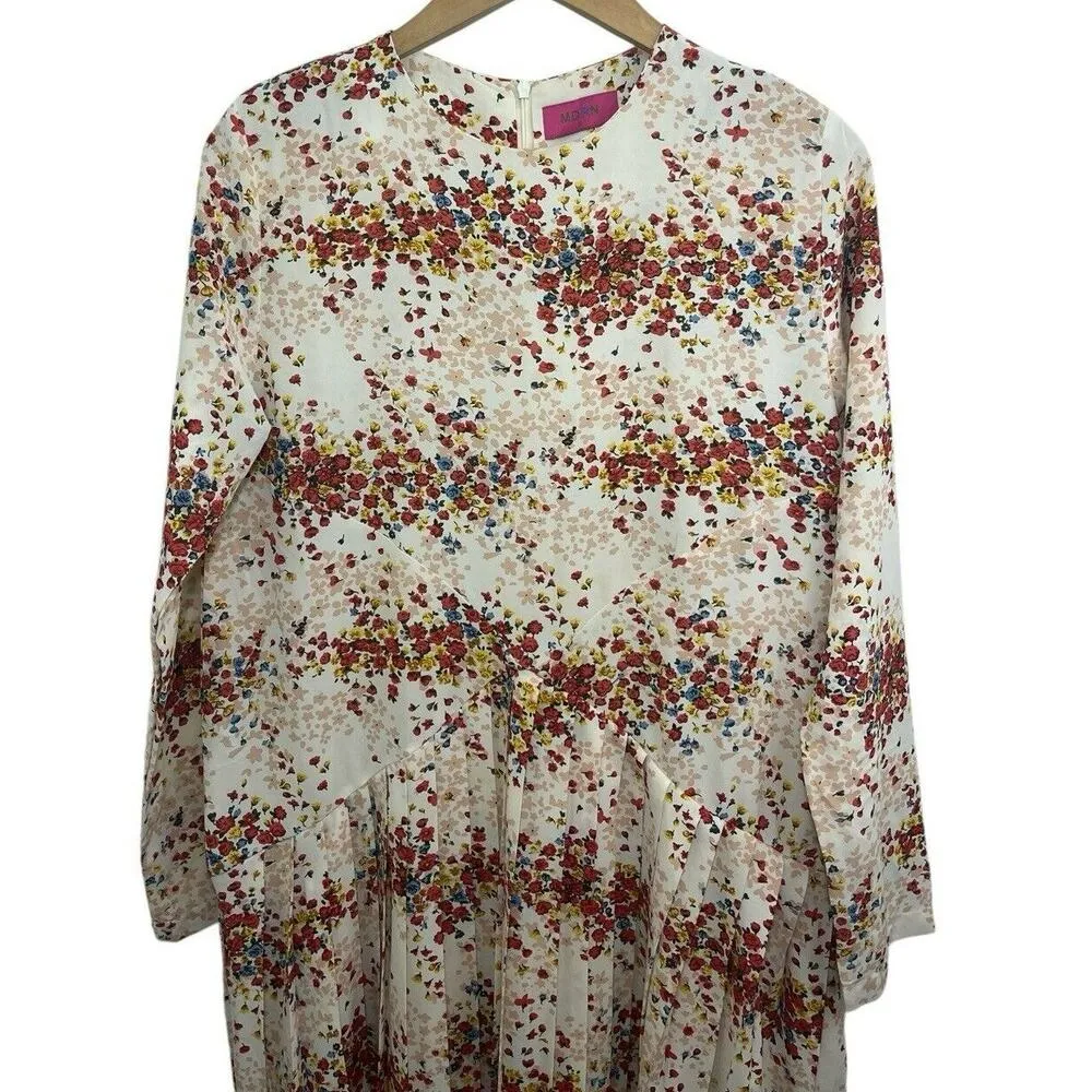 MDRN Balfour Pleated Floral Dress Long Sleeve Drop Waist Tea Length Roses Small - Image 3