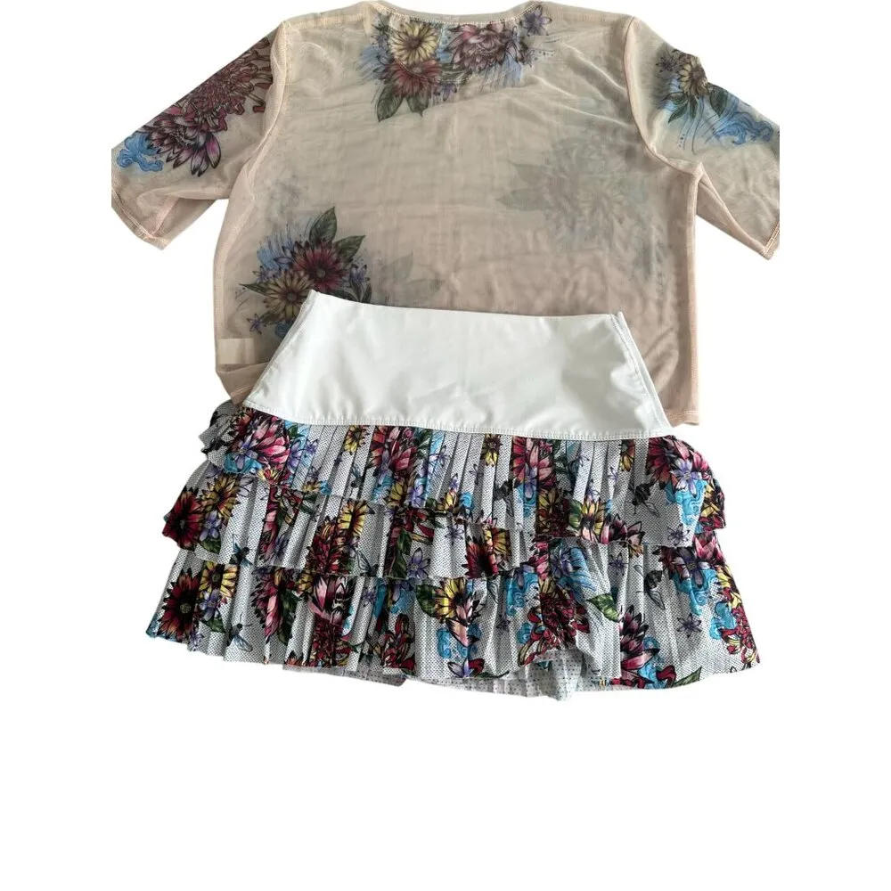 LUCKY IN LOVE X Bethanie Mattek Sands Worn White Floral Mesh Top Skort Set Sz M - Image 9