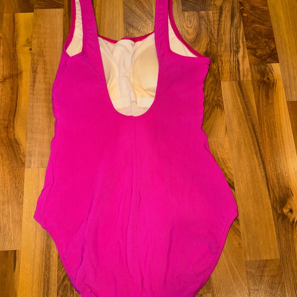 L.L. Bean women’s 12 long 1 piece ribbed swim Barbie‎ pink high cut bathing suit - Image 3
