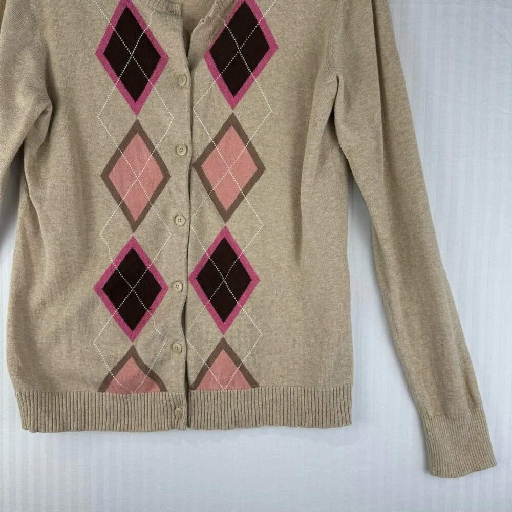 Cherokee Button Up Cardigan Tan Knit Sweater Women Size Large Pink Argyle Print - Image 2
