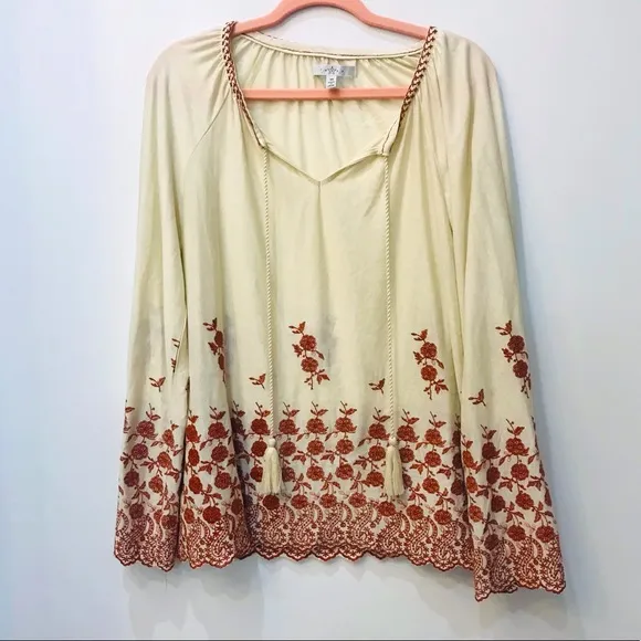 Fever Boho Cream Rust Embroidered Tassel Blouse sz Medium - Image 16