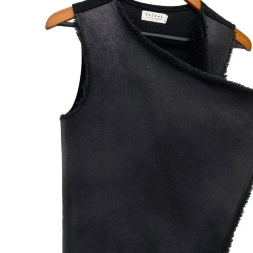 Velvet by Graham & Spencer Black Suede Sherpa Open Front Vest Penny Lane - Image 8