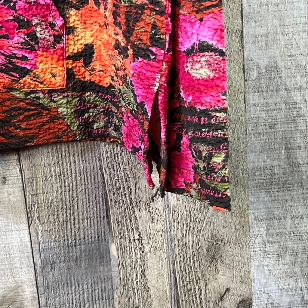 Analogy XL Floral Crinkle Gauze Zippered Front Drawstring Floral Hoodie Jacket Pink - Image 6