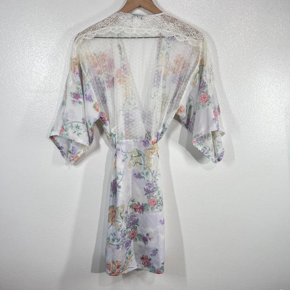 Linea Donatella Floral Kimono Robe S/M Lace Trim Wrap Sheer Lightweight Romantic - Image 7