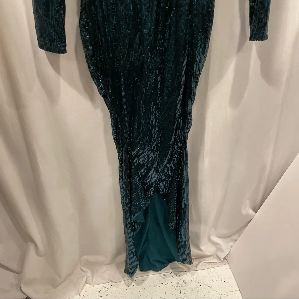 Beautiful aquamarine emerald sequin faux wrap stretchy mermaid maxi dress NWT Green - Image 8