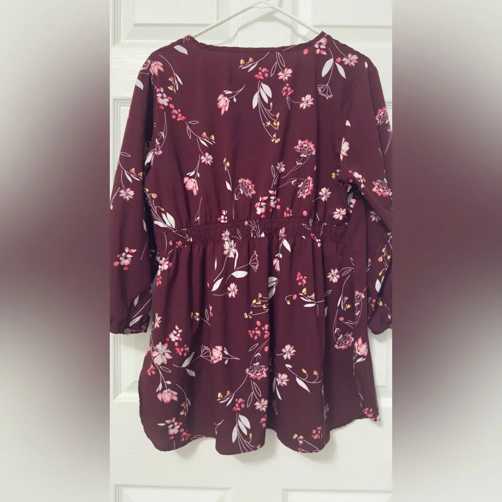 Maternity Floral Burgundy Blouse Purple Size M - Image 4