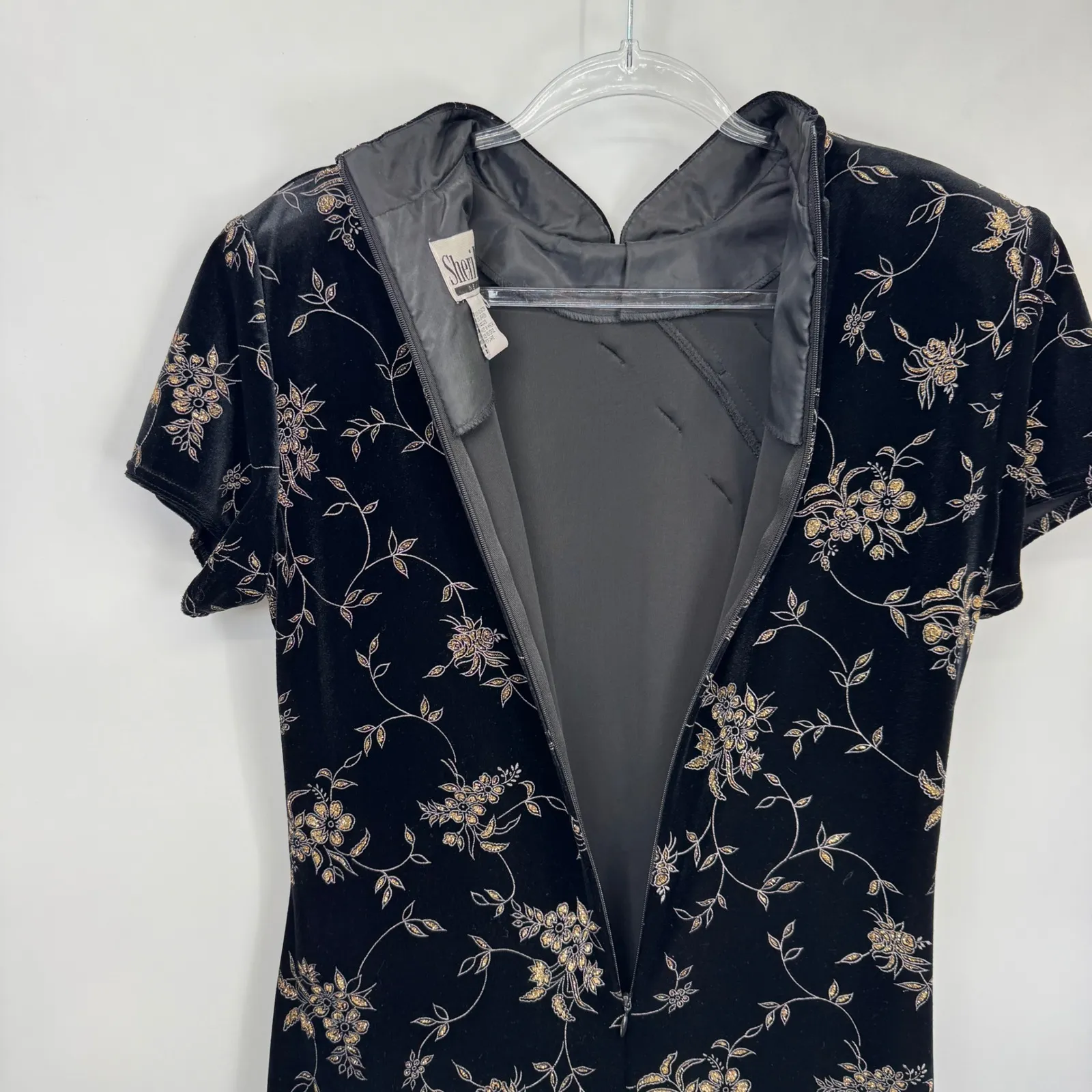 Vintage Y2K Whimsigoth Sheri Martin Velvet Fairy Witchy Dress Floral Embossed 12 Black - Image 9