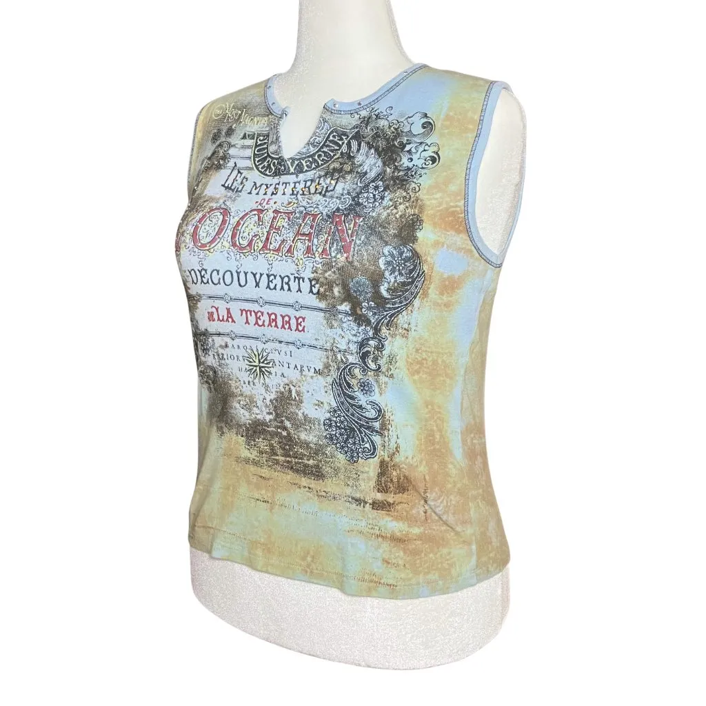 Vintage Y2K Blue Tan Rhinestone Graphic Tank 100% Cotton. Large. Western Artsy - Image 2