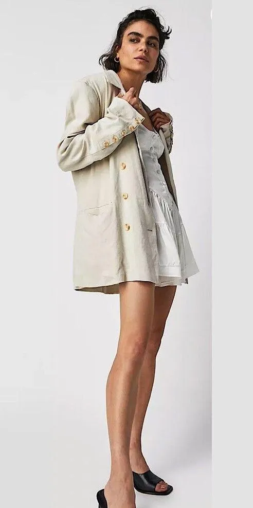 Free People Olivia Blazer in Pebble Linen Blend Double‎ Breasted Jacket M - Image 3