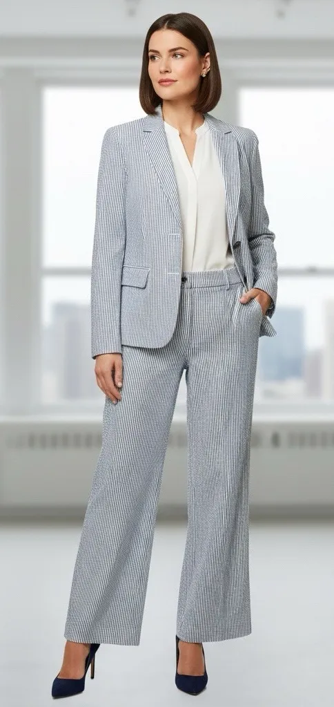 NWOT LL Bean Signature Blazer Pants Suit S Blue Striped Seersucker Jacket Career Size 6 - Image 2