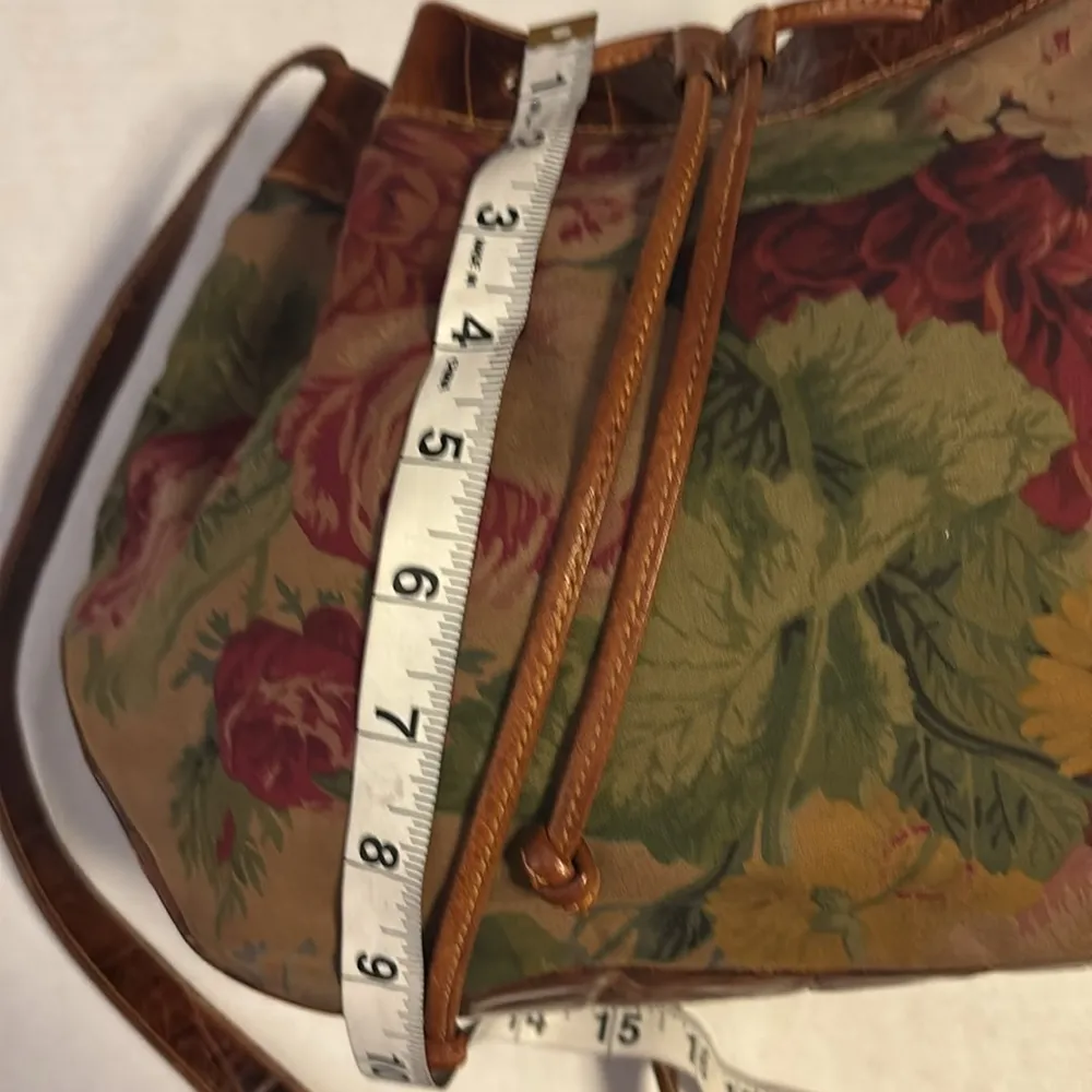 FURLA BRAND DARK TAN FLORAL CLOTH BUCKET LSTYLE BAG WITH LEATHER TIE CLOSURE❤️ - Image 16
