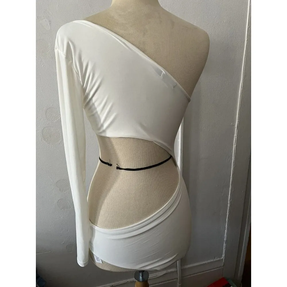 nastygal white satin part time lover bare Shoulder Long Sleeve bodysuit Size 8 - Image 4