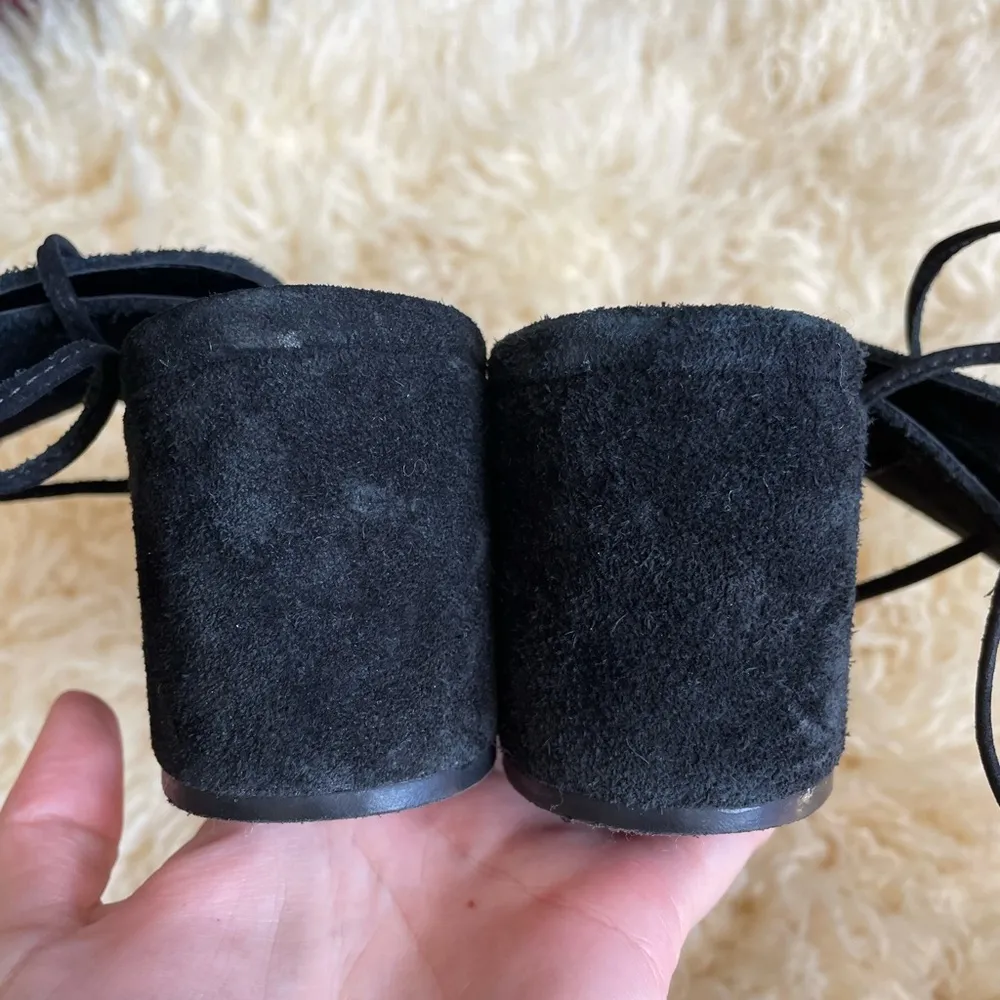 Schutz Binalia Wood block Heels Open peep toe booties tie back black suede - Image 9