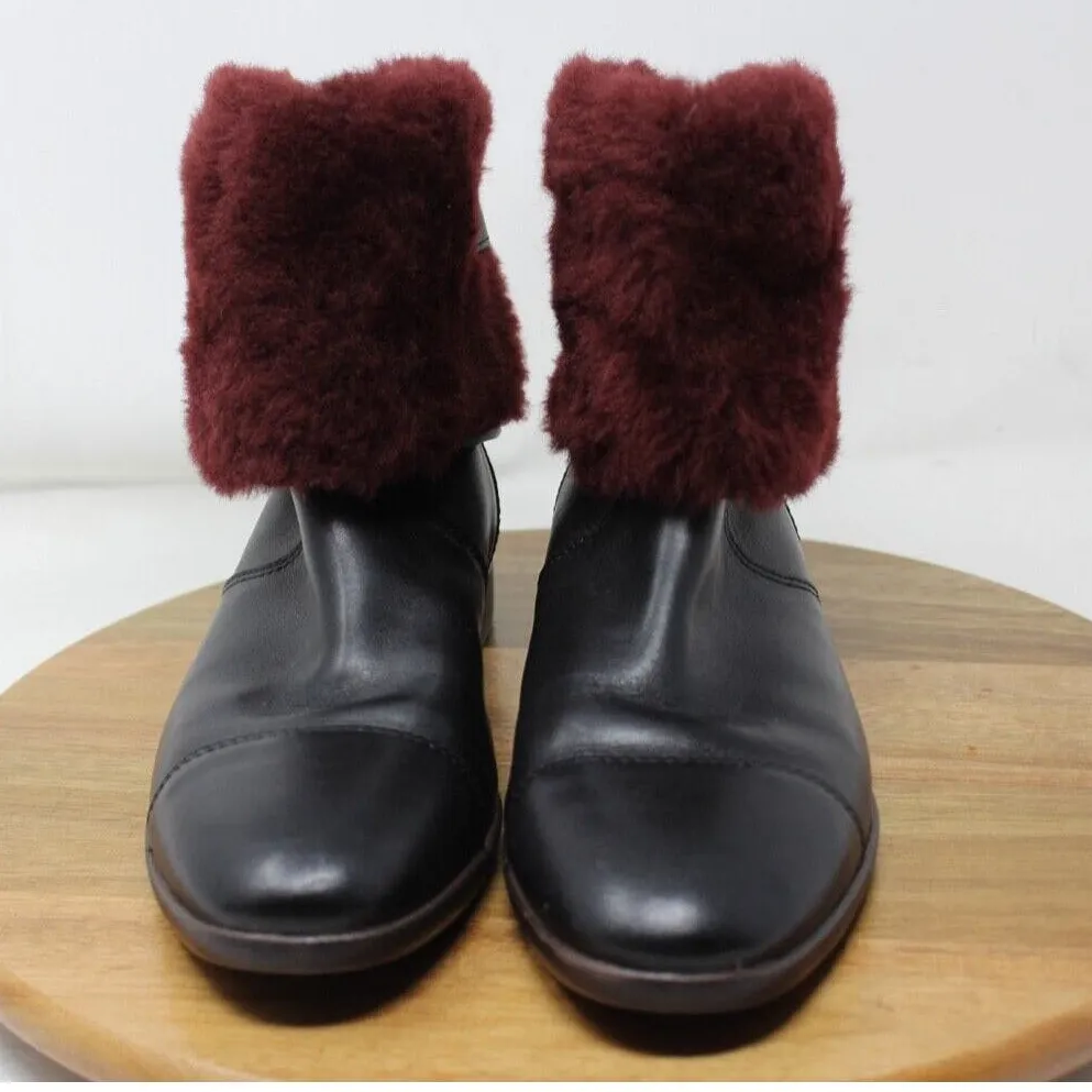 UGG Australia Women's Black Leather Burgundy Sheepskin Foldover Boots‎ Size 7.5 - Image 4