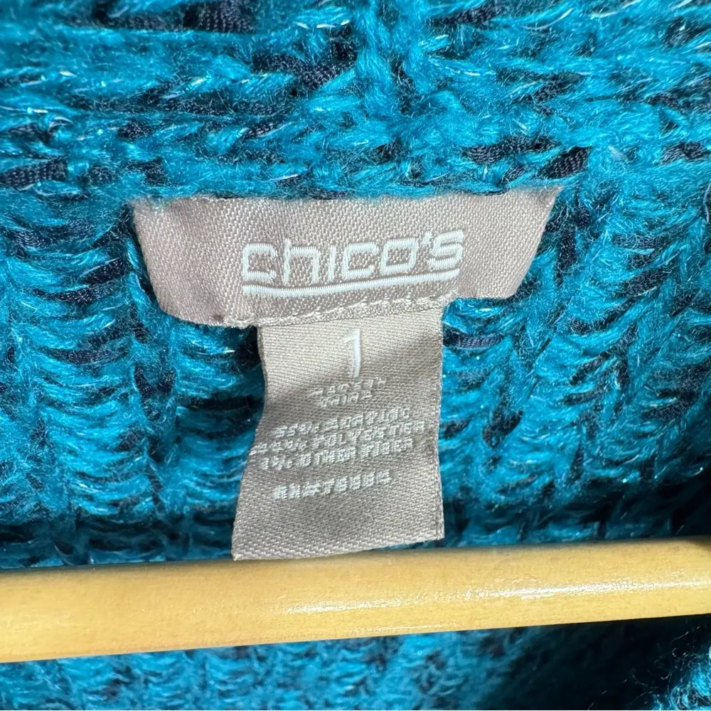Chico’s Turquoise Black & Metallic Knit Open Front Short Sleeve Cardigan 1/M - Image 11