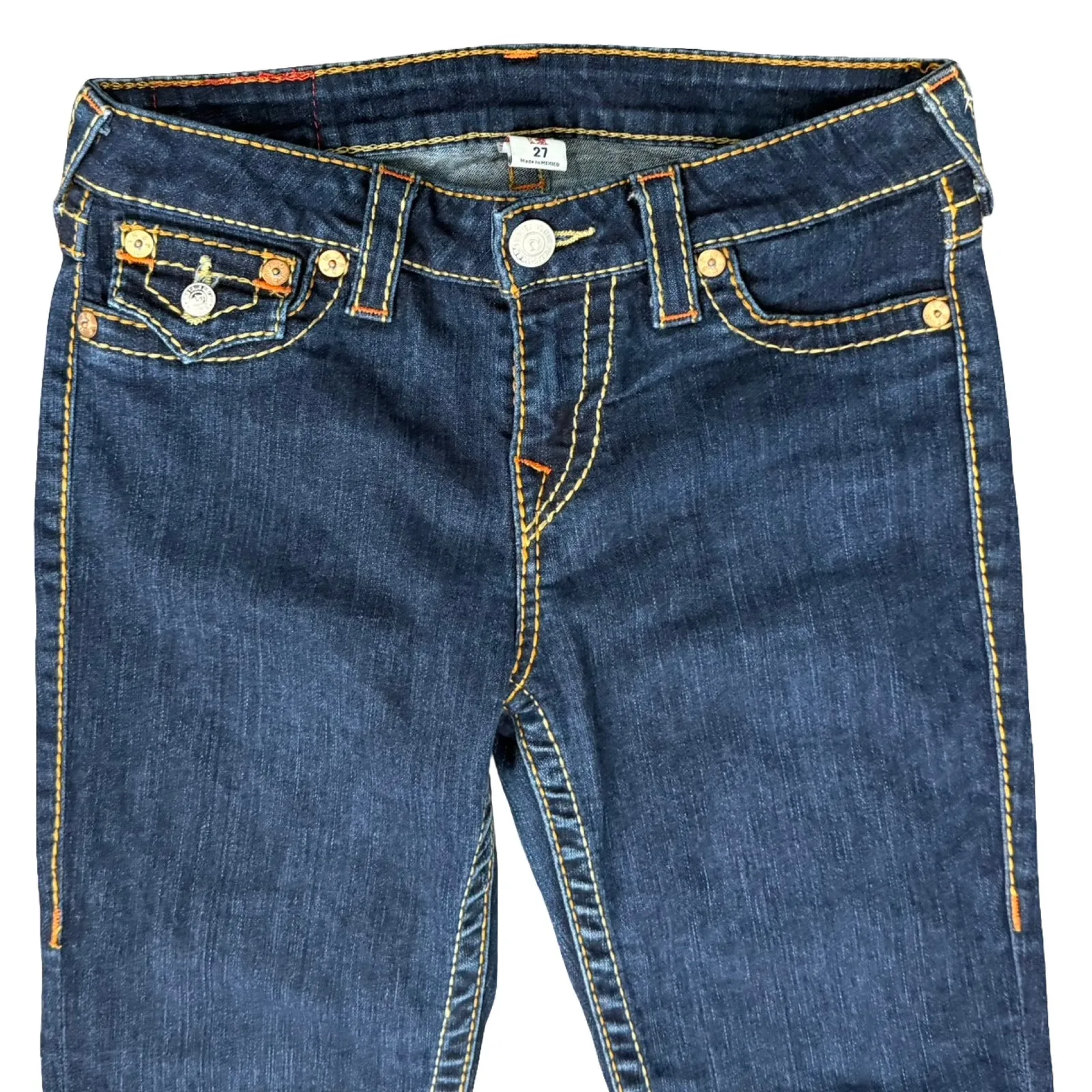 True Religion Dark Blue Low Rise Flap Big T Skinny Jeans Size 27 Contrast Stitch - Image 3