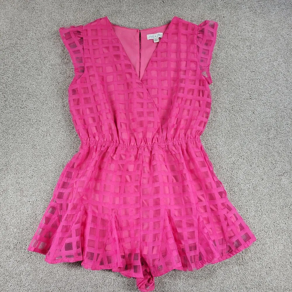 She + Sky Romper Womens L Bright Pink Windowpane Sleeveless V-Neck Lined New - Image 13