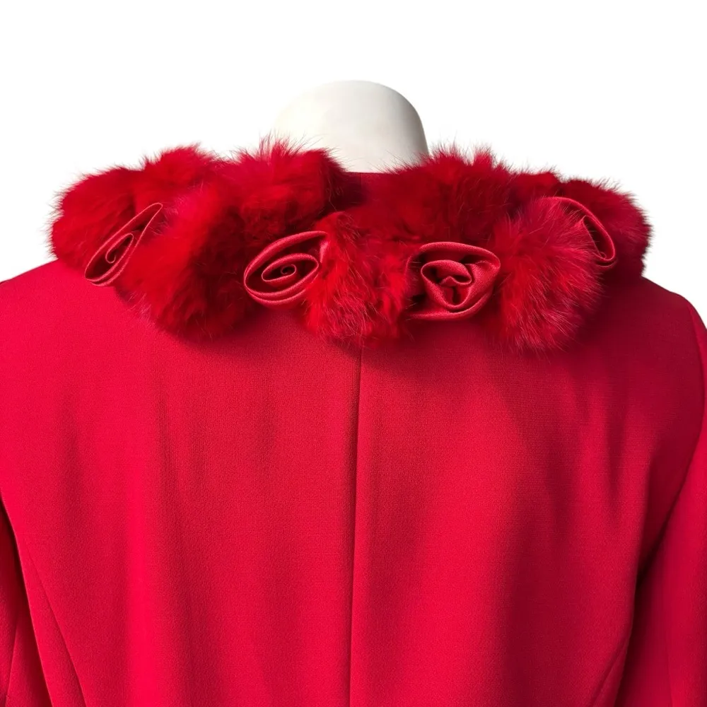 Milano Faux Fur Pom Pom and Satin Rosette Trim Button Down Jacket or Coat, Sz 16 Red - Image 11