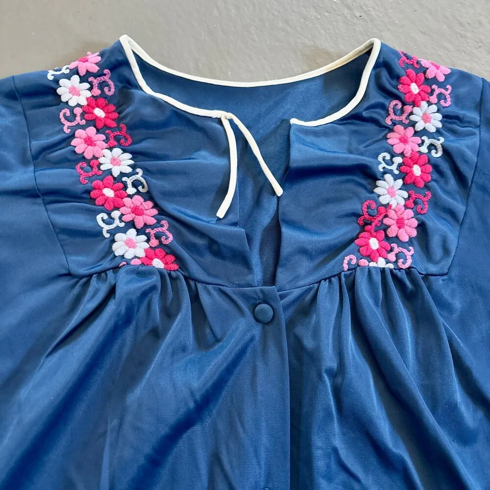 Vintage Navy Blue Embroidered Silky Night Gown with Cap Sleeves M/L - Image 2
