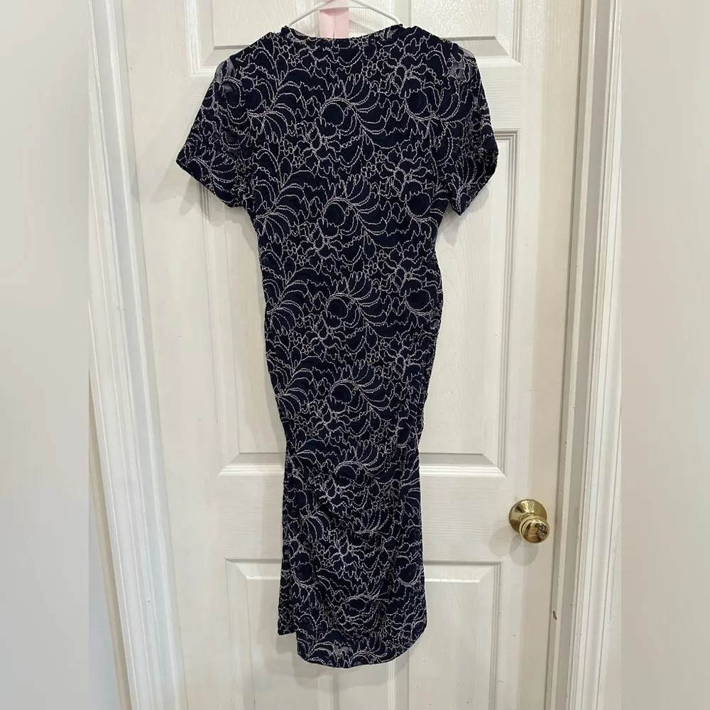 Motherhood Maternity Women's M Midi Gender Reveal Dress Navy Light Pink Lace - Image 3